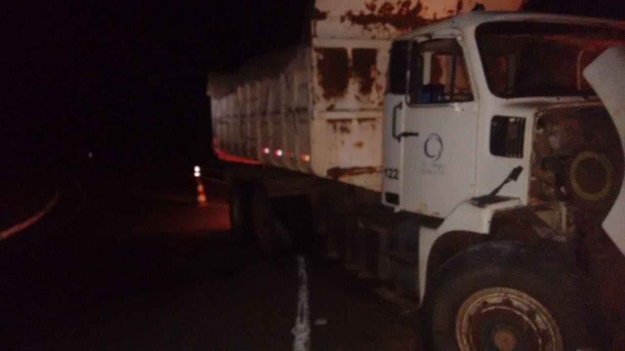 Caminhão caçamba sai da pista após motorista perder controle da direção pela SP-294