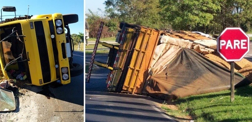 Motorista sai ileso após caminhão carregado com amendoim tombar na SP-294