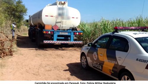 Após ter carga de 43 mil litros de etanol roubada, caminhão é encontrado em canavial em Parapuã