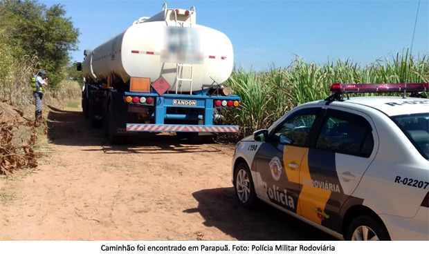 Após ter carga de 43 mil litros de etanol roubada, caminhão é encontrado em canavial em Parapuã