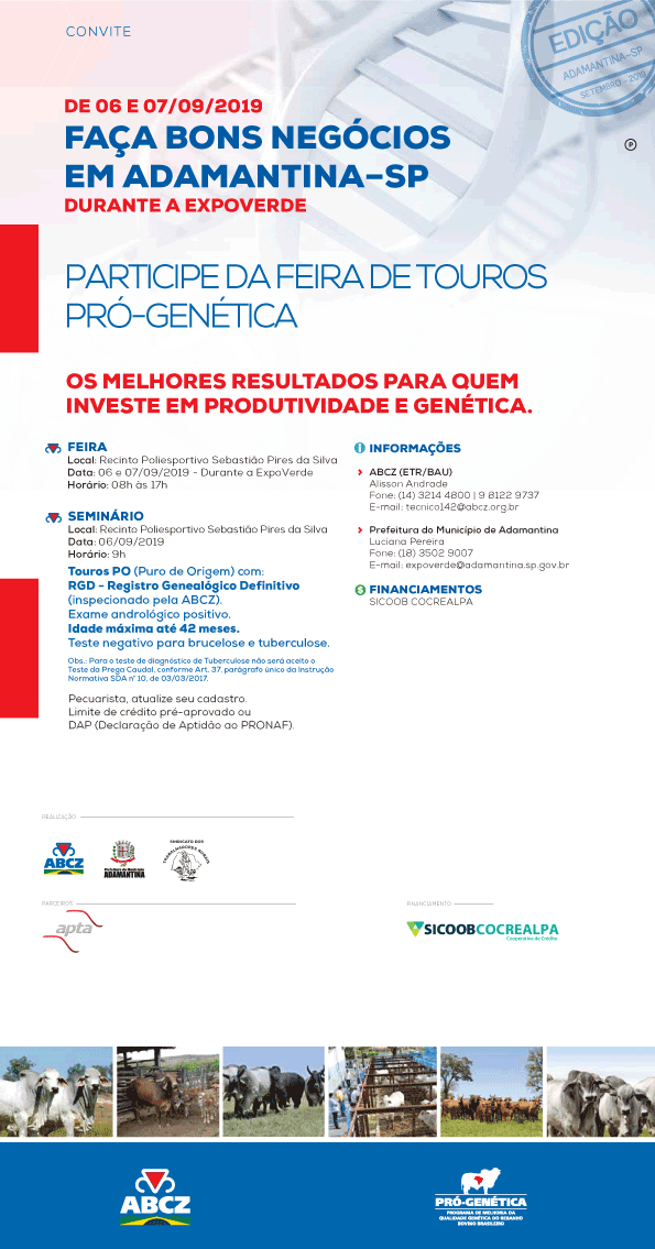 Feira de Touros Pró-Genética promovida pela ABCZ estará pelo segundo ano consecutivo na Expoverde 2019