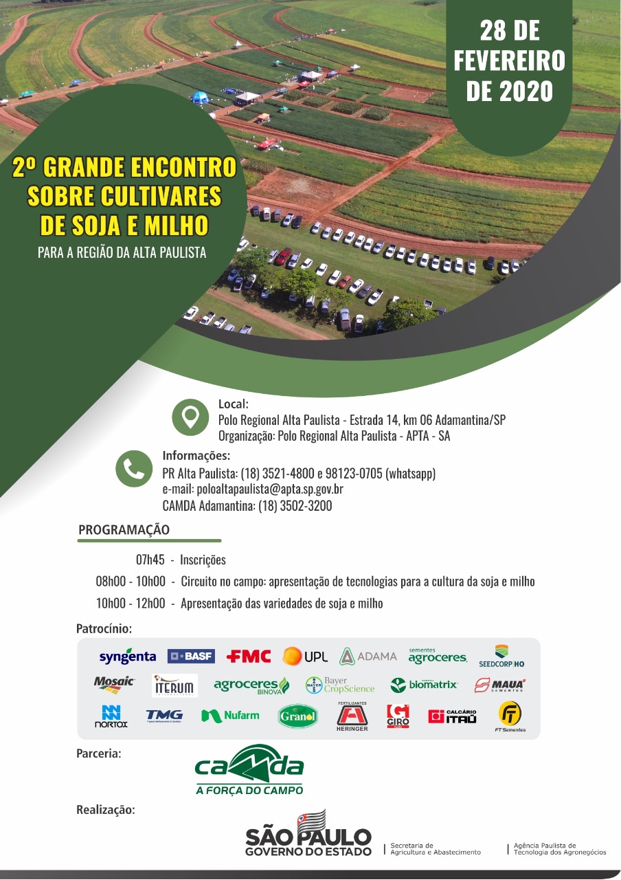 Apta e Camda abrem inscrições para o ‘2º Grande Encontro de Cultivares de Soja e Milho’ em Adamantina