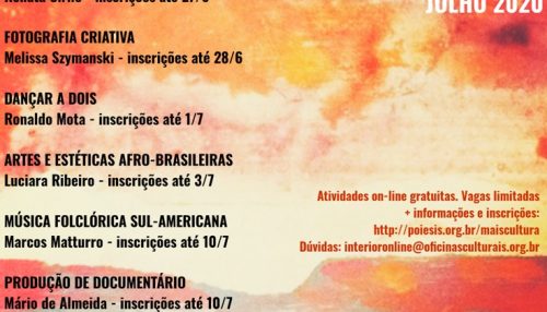 Secretaria de Cultura e Economia Criativa, Poieses e Oficinas Culturais divulgam programação online de oficinas gratuitas