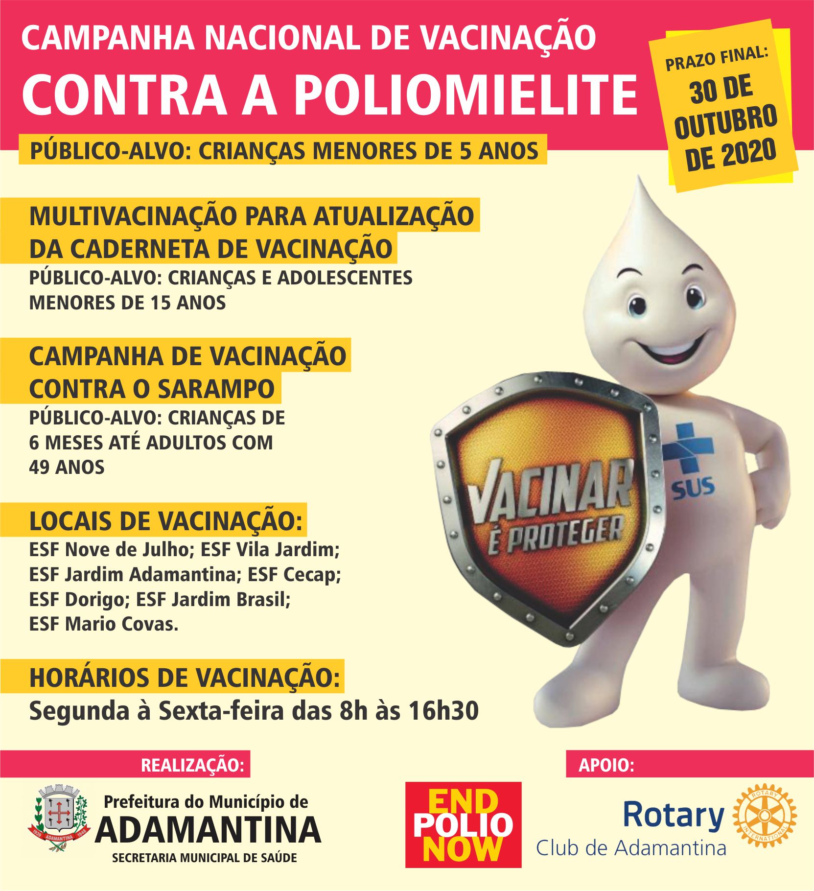 Vacinação contra poliomielite e para atualização da caderneta segue até o fim do mês