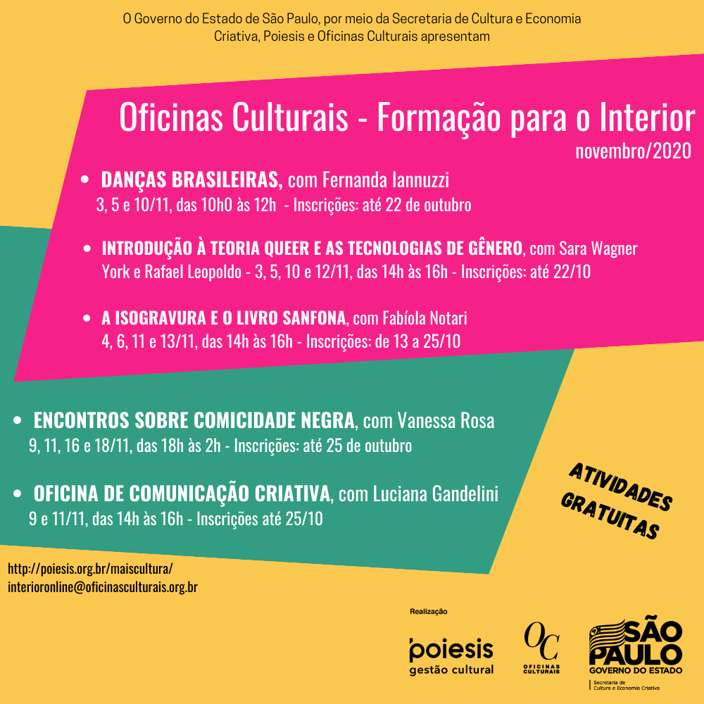 Oficinas culturais de novembro estão com inscrições abertas