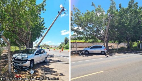 Carro colide contra poste em frente a base da Polícia Rodoviária de Tupã