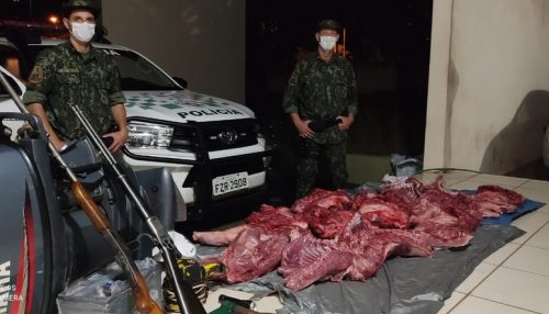 Dupla é autuada em R$ 137 mil e presa após ser surpreendida com armas e quase 140 quilos de carne de capivara