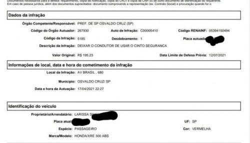 Moradora de Osvaldo Cruz toma multa por não usar cinto de segurança em sua moto