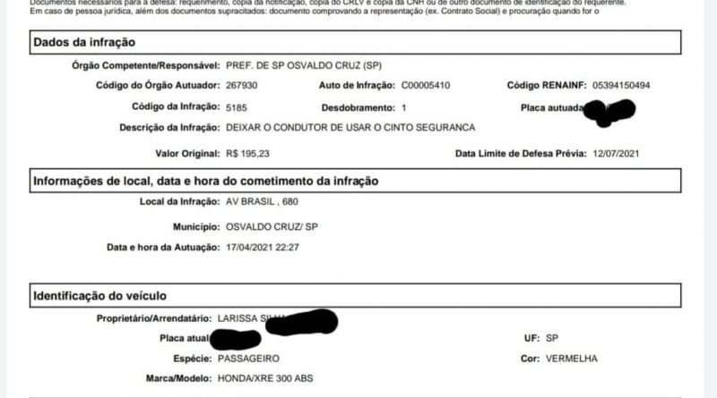 Moradora de Osvaldo Cruz toma multa por não usar cinto de segurança em sua moto