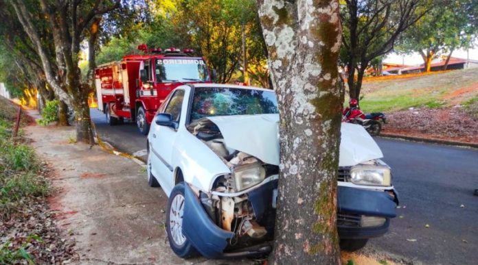 Mãe e filho ficam feridos após colidir veículo contra árvore