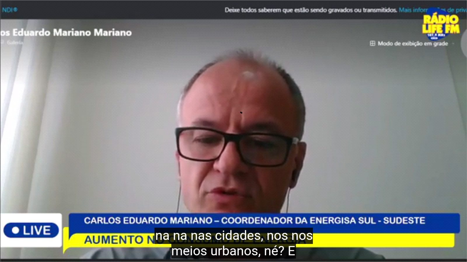 Coordenador da Energisa Sul-Sudeste Carlos Eduardo, alerta sobre aumento no consumo de energia.