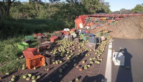 Carga de frutas se espalha por rodovia após caminhão colidir com traseira de carro em Junqueirópolis