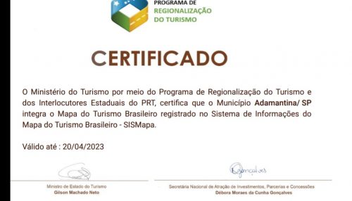 Adamantina recebe certificação do Ministério do Turismo