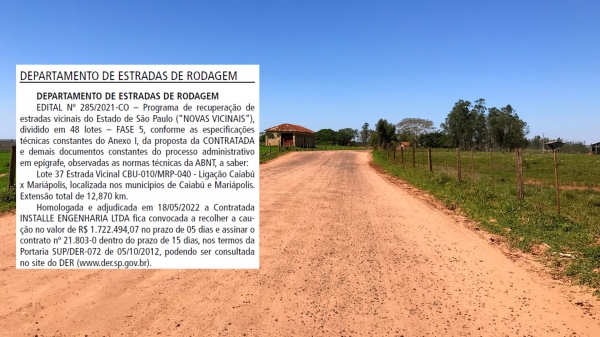 DER publica contratação de empresa para asfaltar a estrada Mariápolis x Caiabú