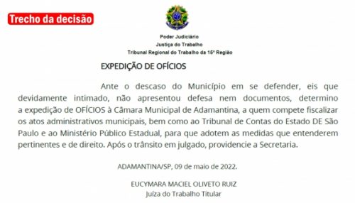 Justiça do Trabalho diz que Prefeitura comete descaso ao não se defender em ação trabalhista