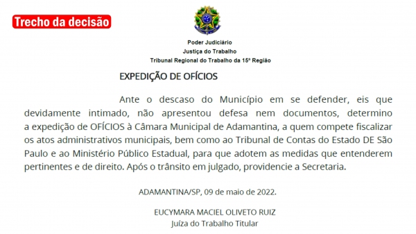 Justiça do Trabalho diz que Prefeitura comete descaso ao não se defender em ação trabalhista