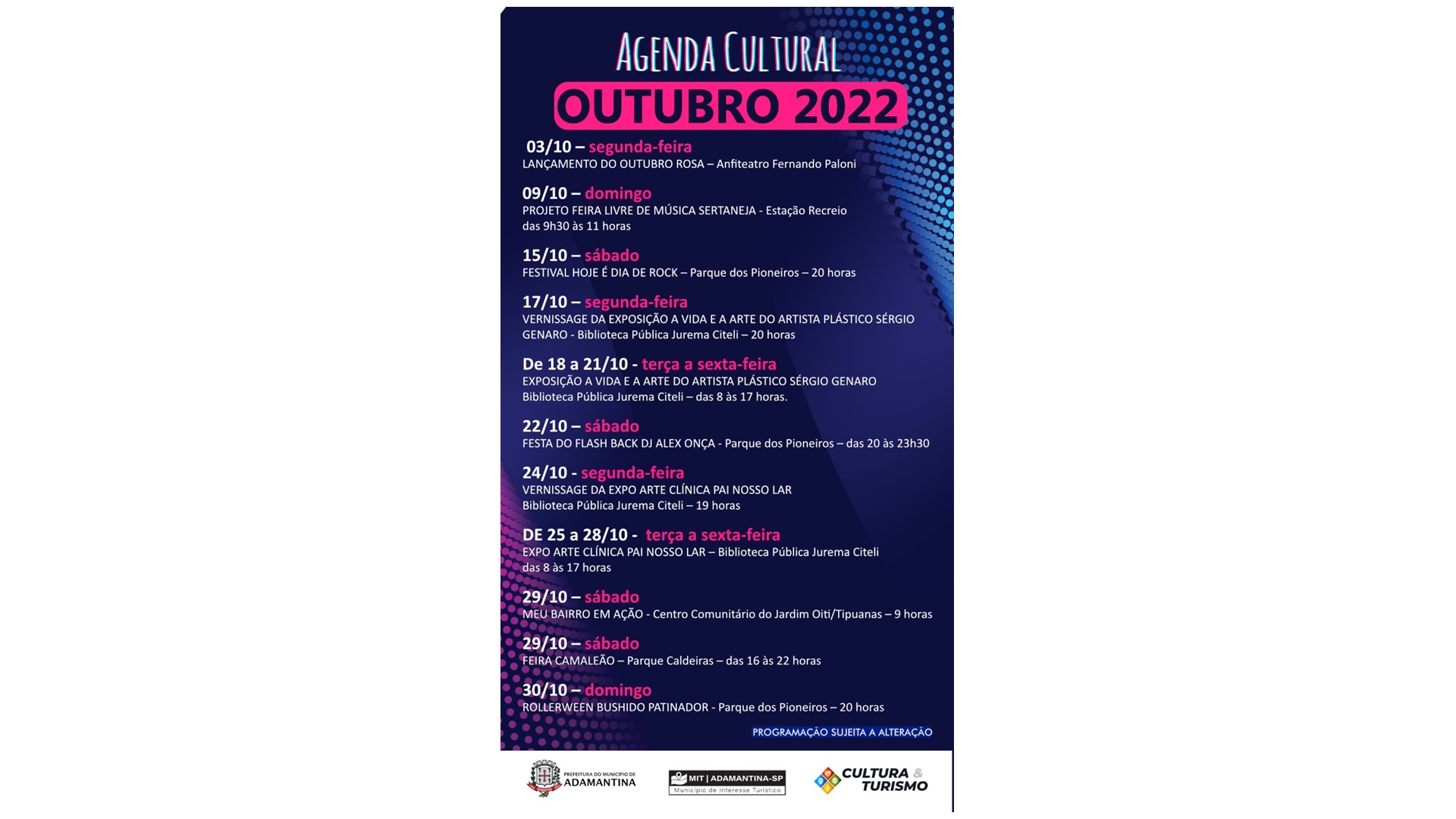 Cultura e Turismo divulga programação de outubro