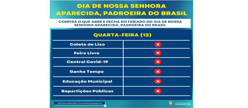 Saiba o que abre e fecha no feriado do dia 12 de outubro