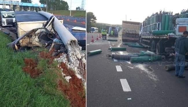 Caminhão da empresa Auto Via de Junqueirópolis se envolve em acidente próximo ao pedágio da cidade de Oriente-SP