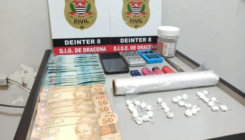 Casal acaba preso por tráfico de droga com 30 porções de cocaína e R$ 2,3 mil, em Dracena