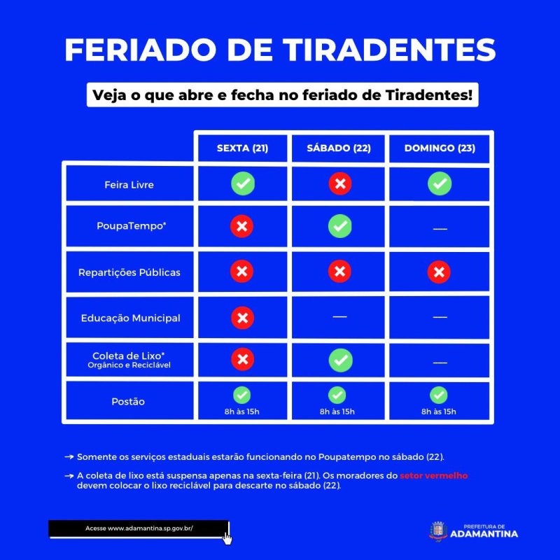 Saiba o que abre e fecha no feriado em homenagem a Tiradentes