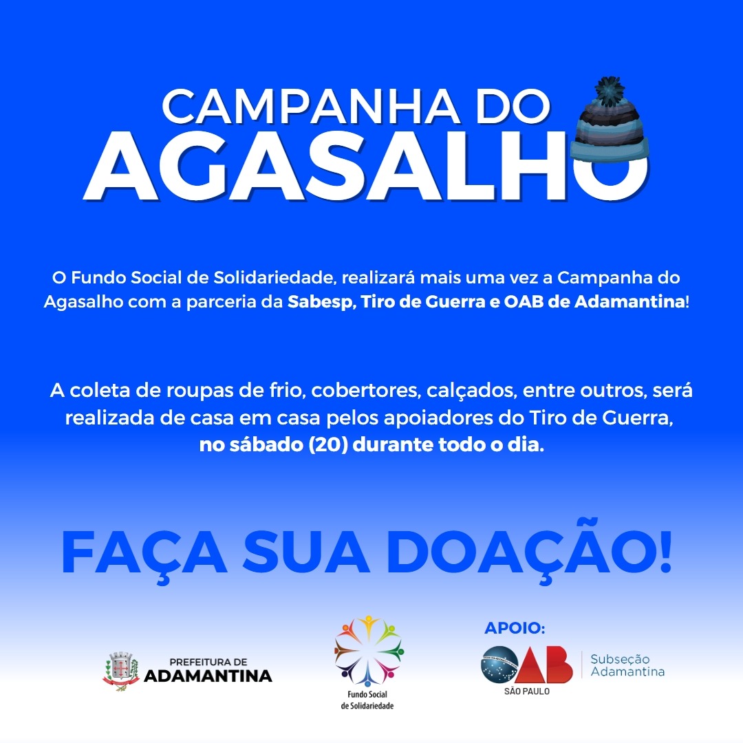 Fundo Social de Solidariedade de Adamantina realiza Campanha do Agasalho neste sábado (20)