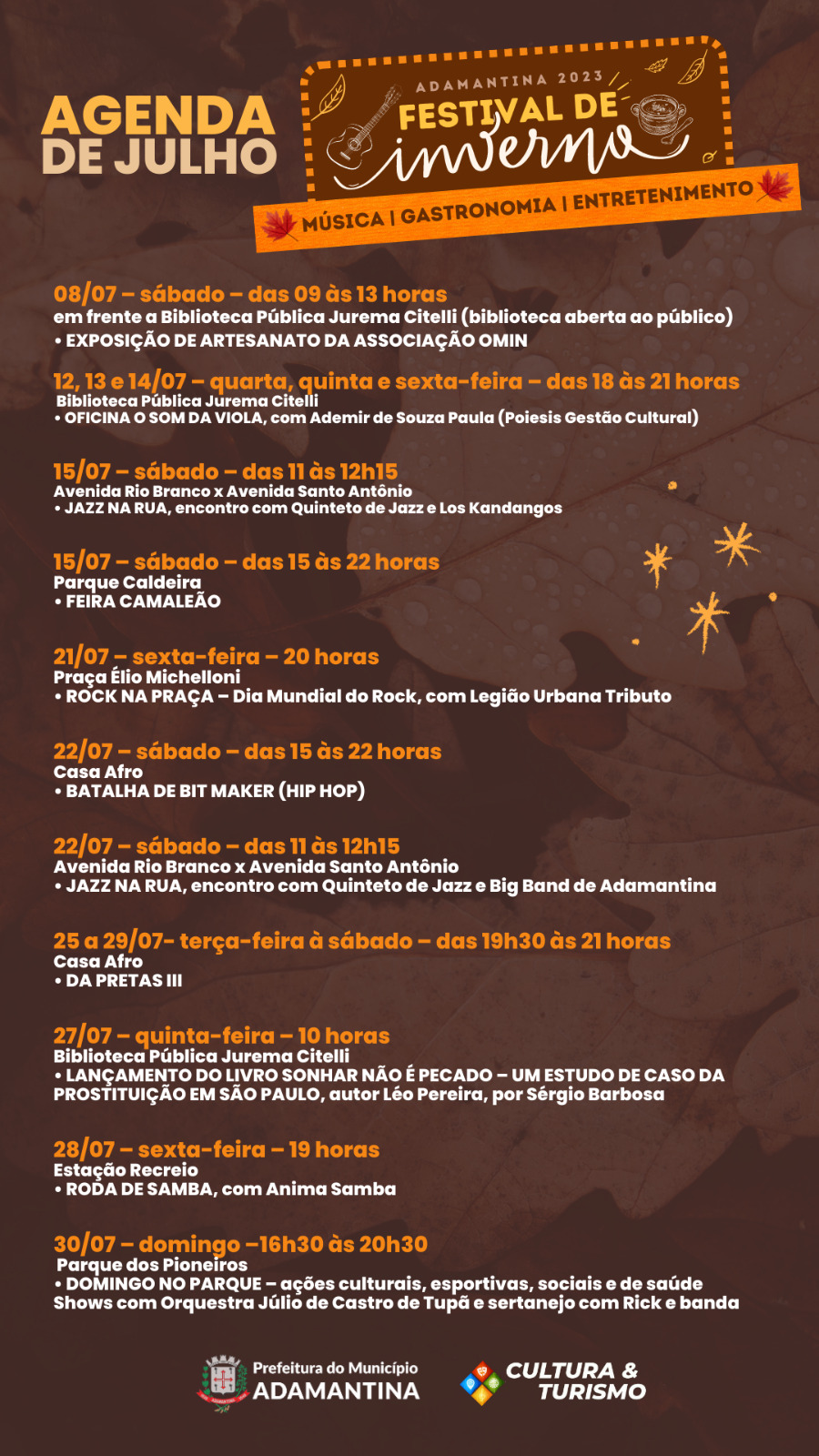 Secretaria de Cultura e Turismo de Adamantina divulga agenda cultural