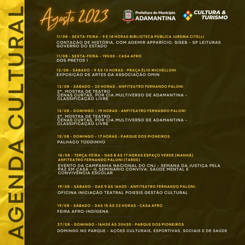 Agenda cultural traz diversas atividades em Adamantina