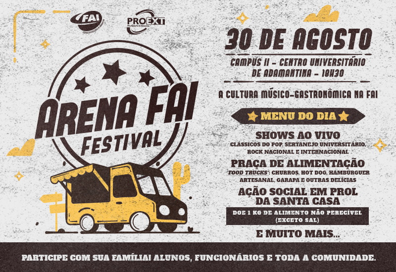 Centro Universitário promove música e gastronomia na Arena FAI Festival em 30 de agosto