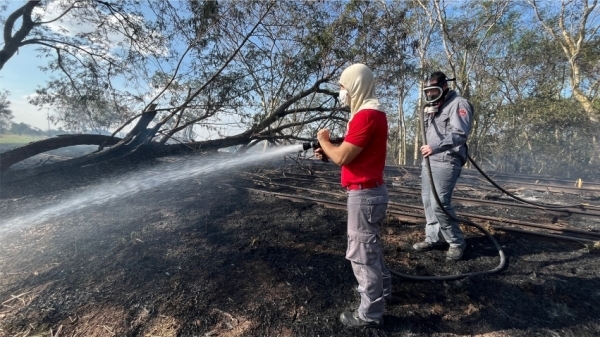Bombeiros atuam no combate a incêndios em duas áreas de vegetação neste domingo (3) em Adamantina