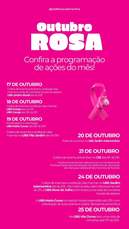 UBS Jardim Adamantina, Nove de Julho, Mário Covas e Vila Cicma promovem atividades alusivas ao Outubro Rosa
