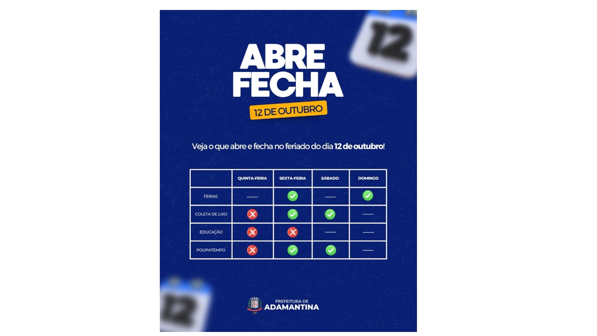 Saiba o que abre e fecha no feriado do dia 12 de outubro