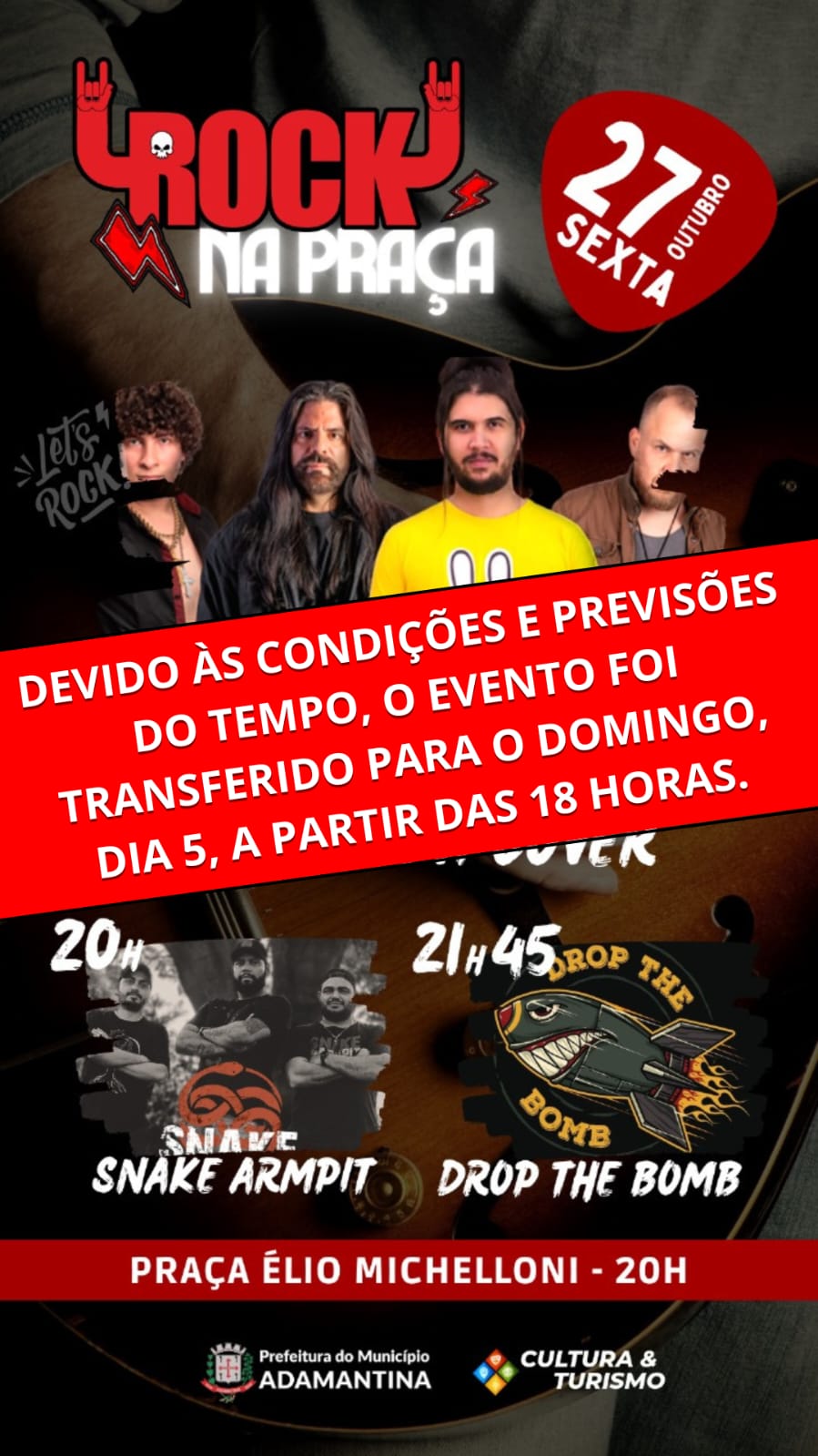 Prefeitura de Adamantina informa alteração na data do Rock na Praça