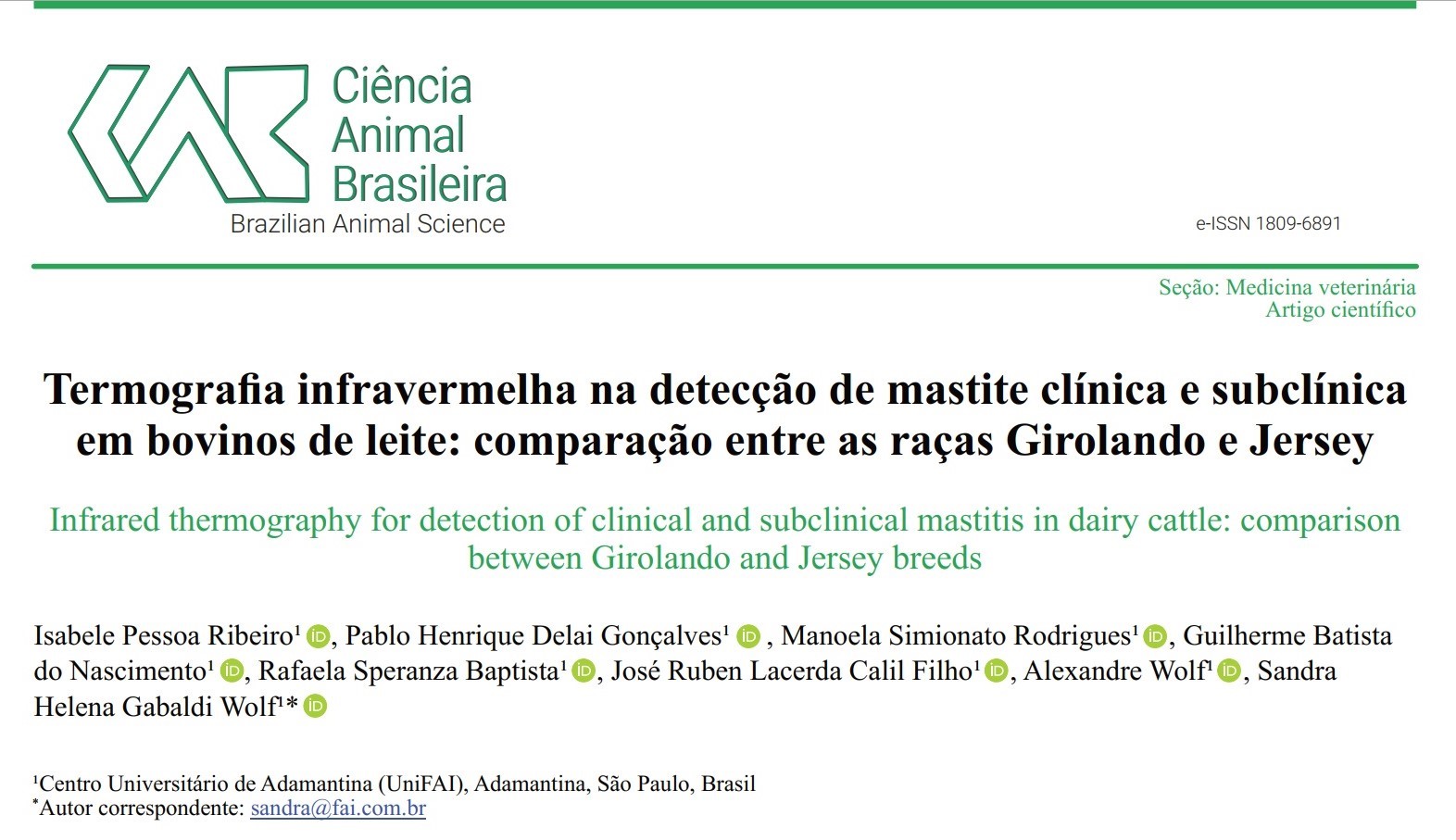 Projeto de pesquisa do Pibic é publicado na Revista Ciência Animal Brasileira