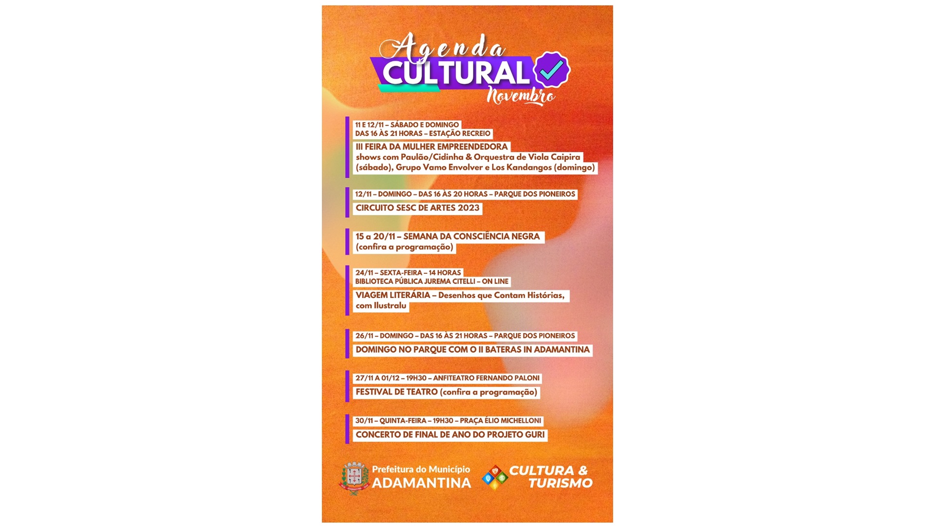 Secretaria de Cultura e Turismo divulga agenda cultural do mês de novembro