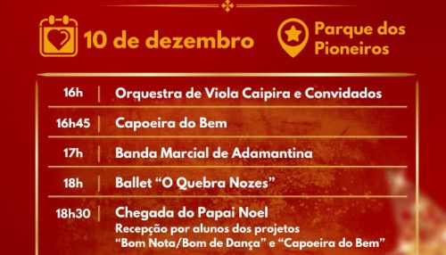 Adamantina receberá Papai Noel no dia 10 de dezembro no Parque dos Pioneiros