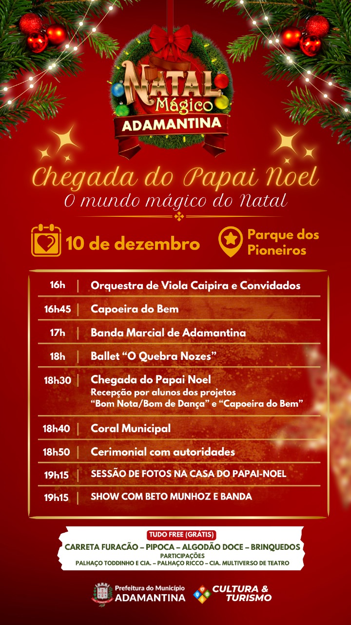Adamantina receberá Papai Noel no dia 10 de dezembro no Parque dos Pioneiros
