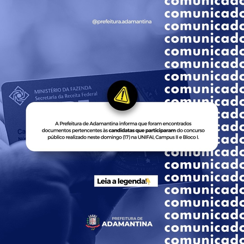 Prefeitura de Adamantina informa sobre documentos perdidos durante aplicação da prova do concurso público