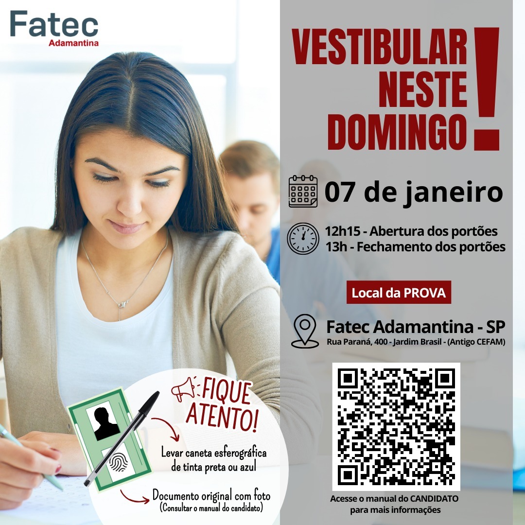 Vestibular da FATEC Adamantina será neste domingo, 07/01.