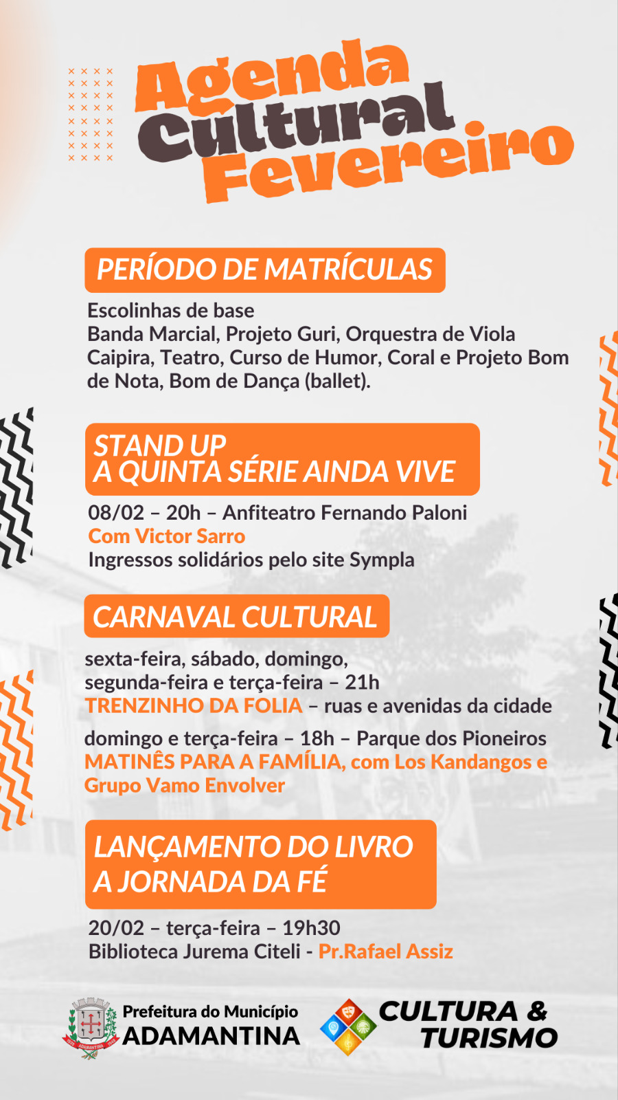 Prefeitura de Adamantina divulga agenda cultural de fevereiro
