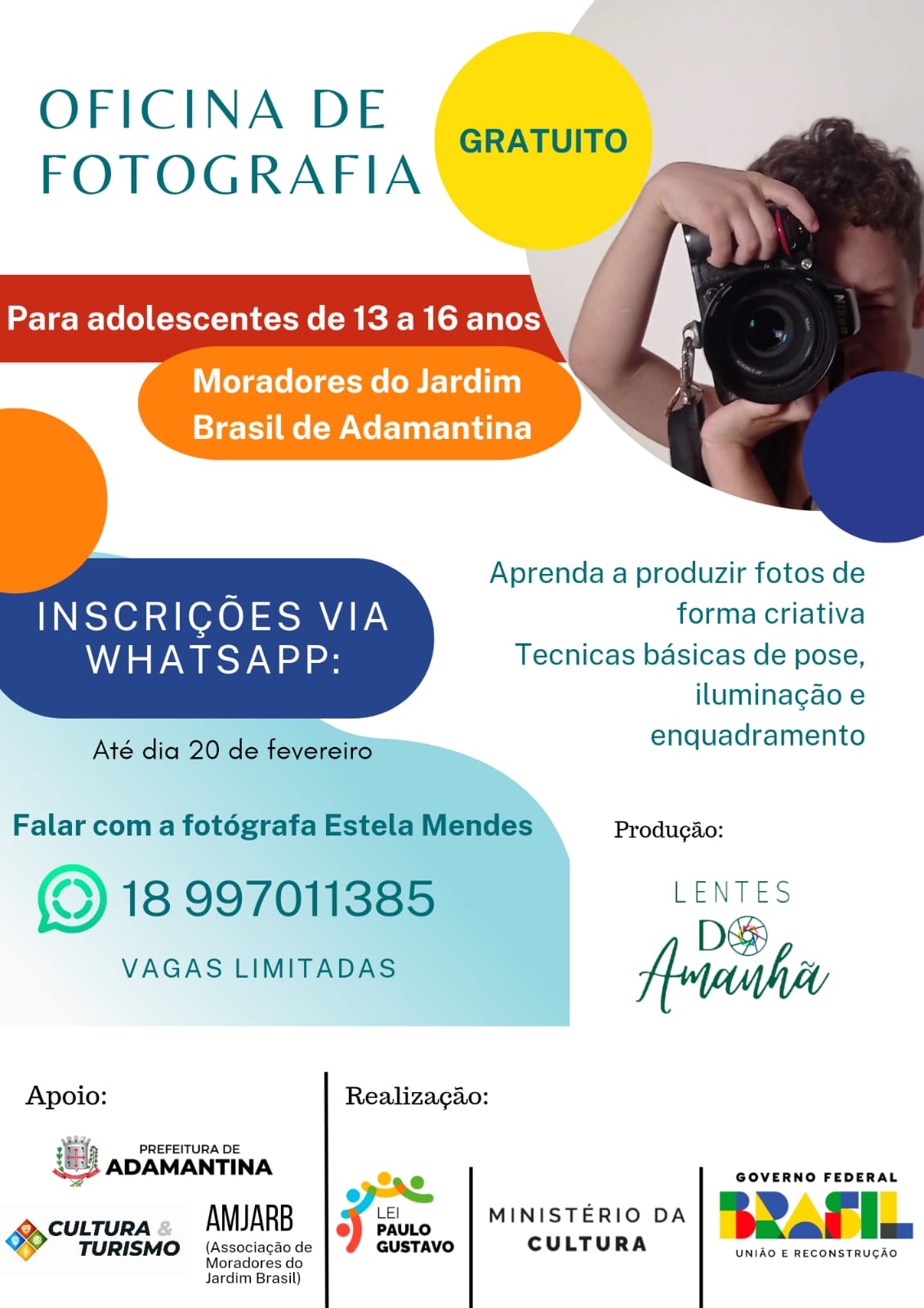 Oficina de Fotografia para adolescentes do Jardim Brasil será oferecida com recursos da Lei Paulo Gustavo em Adamantina