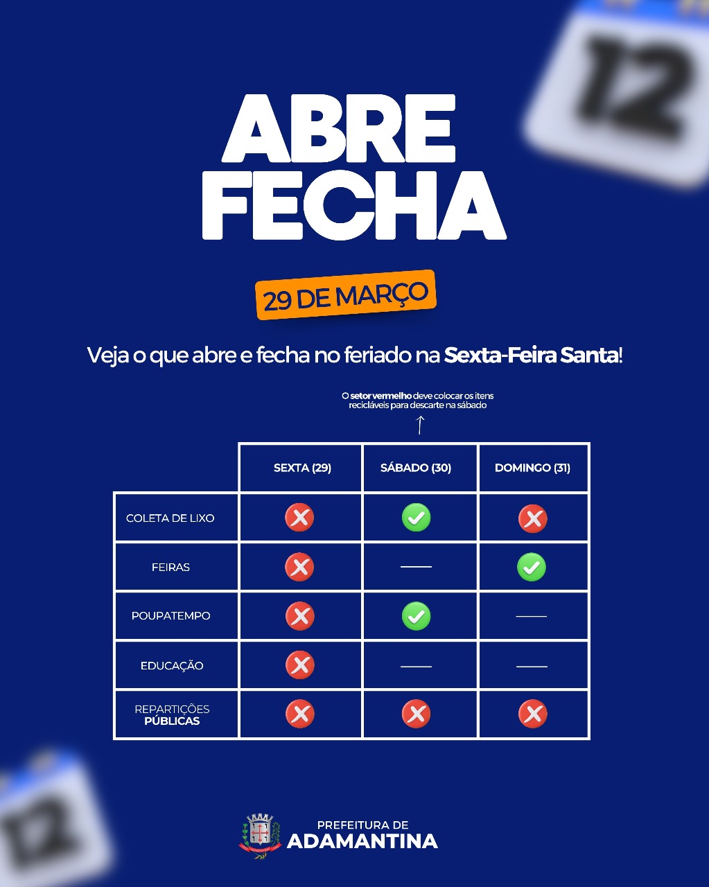 Confira como será o funcionamento das repartições públicas municipais no feriado nacional da Sexta-feira Santa em Adamantina