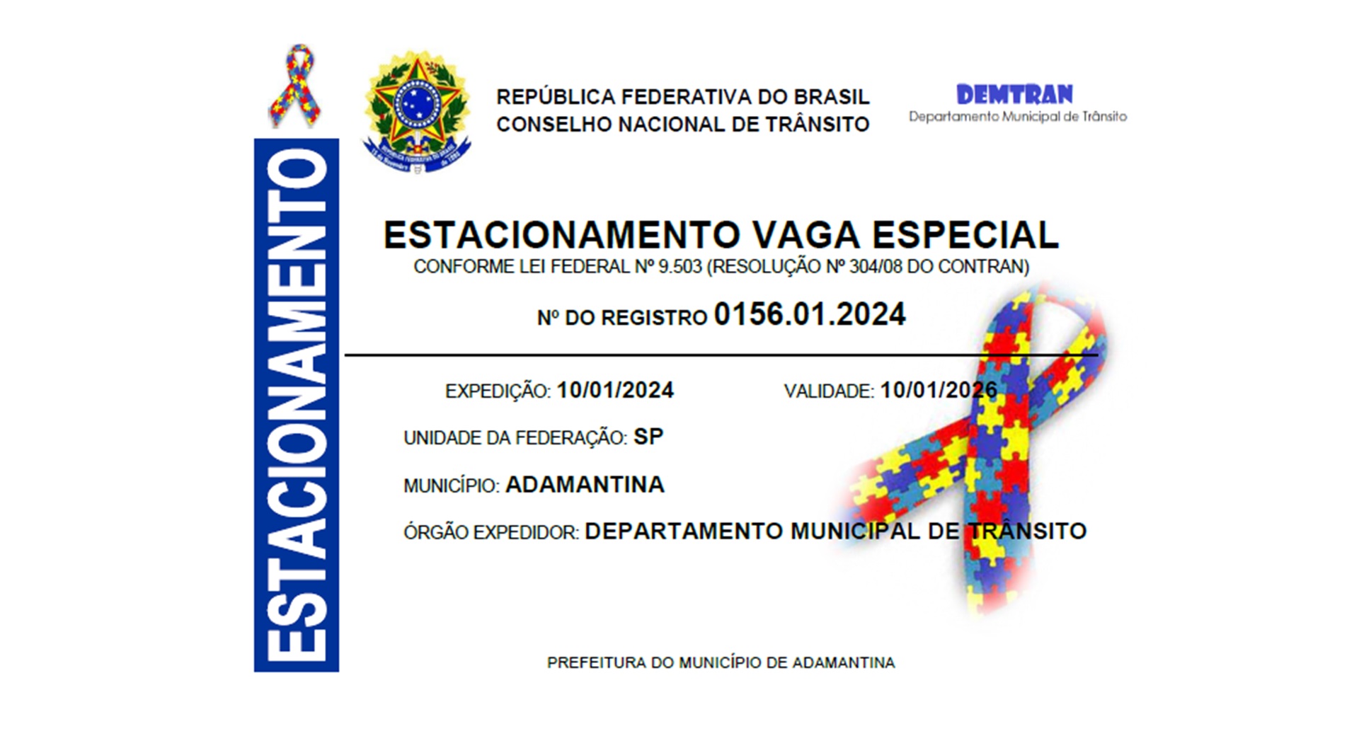 Autistas tem direito a vaga de estacionamento especial em Adamantina