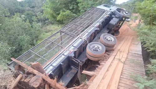 Caminhão com quase 14 toneladas de mandioca despenca de ponte de madeira