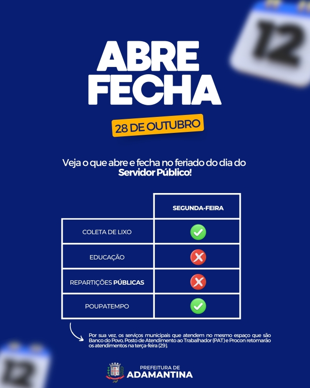 Confira como será o funcionamento dos serviços públicos municipais no Dia do Servidor Público