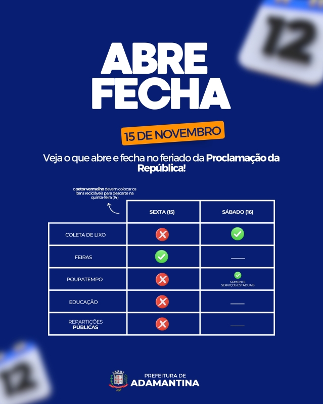 Confira como será o funcionamento das repartições públicas municipais no feriado da Proclamação da República