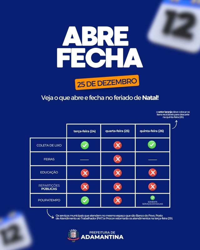 Confira como será o funcionamento das repartições públicas municipais no feriado em comemoração ao Natal