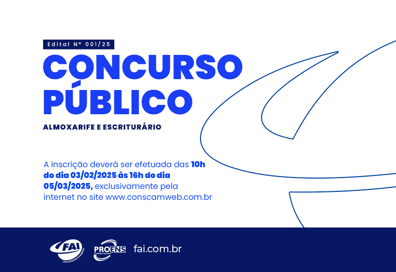 Com vagas para escriturário e almoxarife, FAI abre  inscrições para Concurso Público a partir de 3 de fevereiro