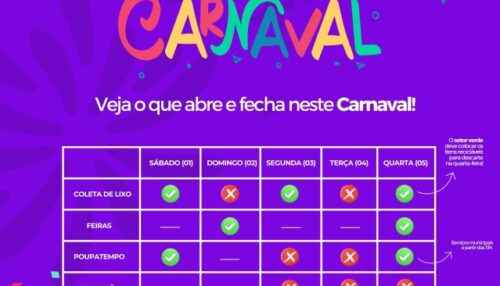 Confira como será o funcionamento dos serviços públicos municipais no feriado do carnaval