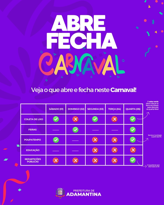 Confira como será o funcionamento dos serviços públicos municipais no feriado do carnaval